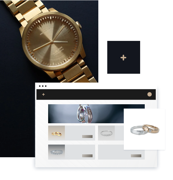 Podstrona sklepu internetowego z biżuterią ze zdjęciami pierścionków oraz zegarkiem w tle