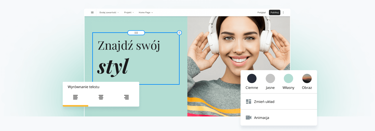 Interfejs kreatora od home.pl pokazany w trakcie projektowania strony www. Obok widoczne dwa panele - pierwszy do zmiany koloru, układu oraz dodania animacji, drugi służący do zmiany wyrównania tekstu.